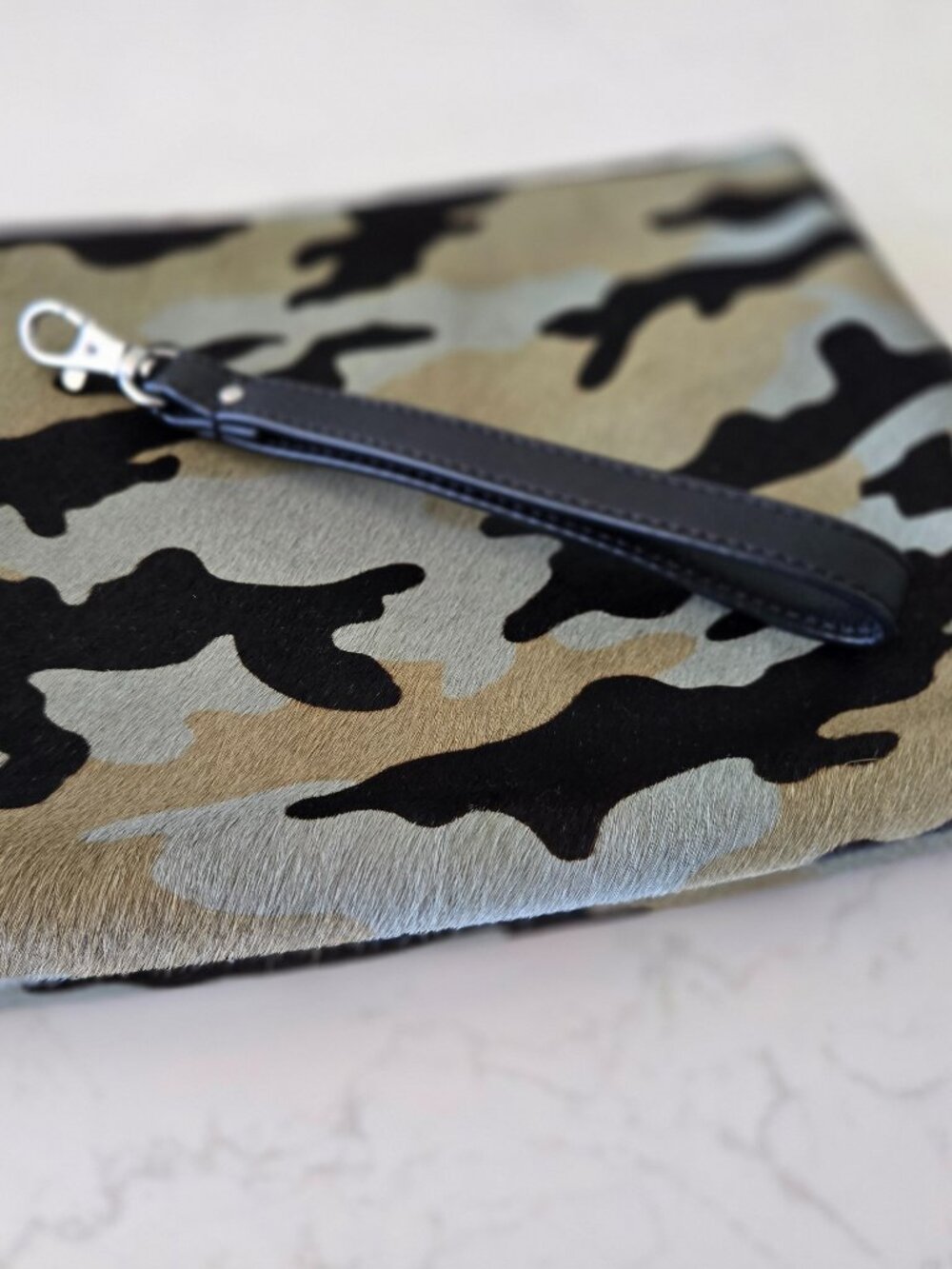 Chico's Camo Haircalf Top Zip Clutch Wristlet | Leather | Green Camouflage